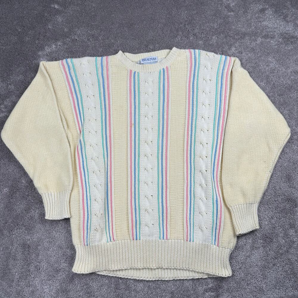 VTG Braemar Pastel Striped Cable Crewneck Sweater Cotton Size L Preppy Easter